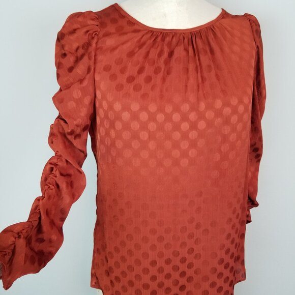 Max Studio Ruched Long Sleeve Rust Polka Dot Silky Blouse w/Keyhole Back Size XS - Picture 6 of 7